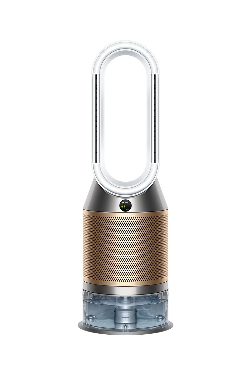 Full view of the Dyson Purifier Humidify+Cool PH04 in white and bronze, featuring a clear water tank.