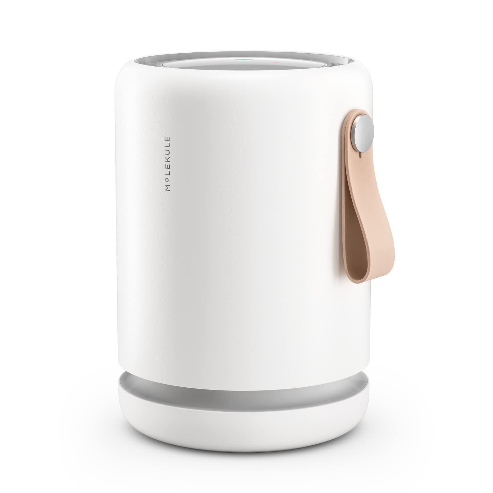 White Molekule Air Mini+ portable air purifier with a tan leather handle and silver accent, isolated on white background.