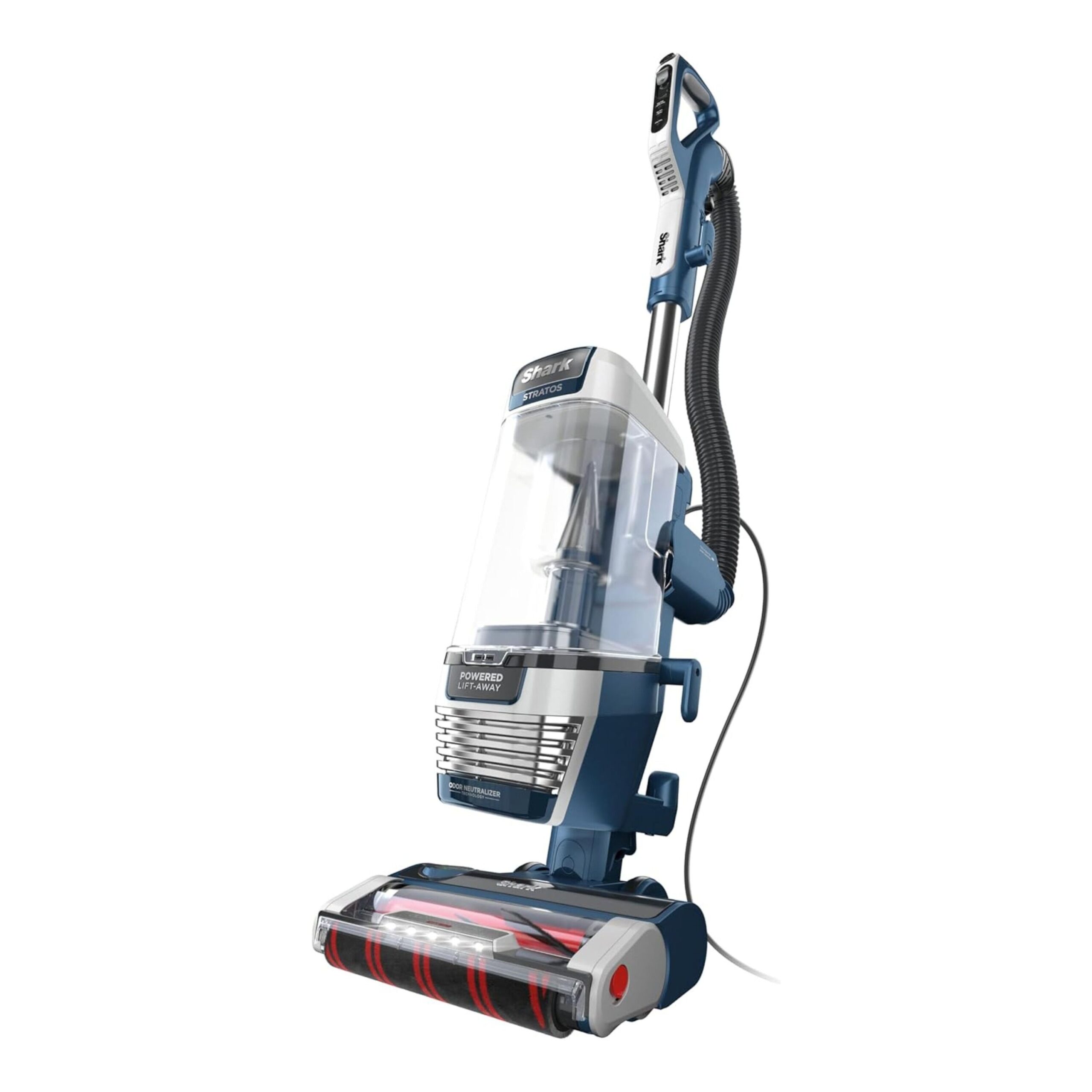 Blue and white Shark Stratos upright vacuum with Powered Lift-Away, Odor Neutralizer, and illuminated brushroll.