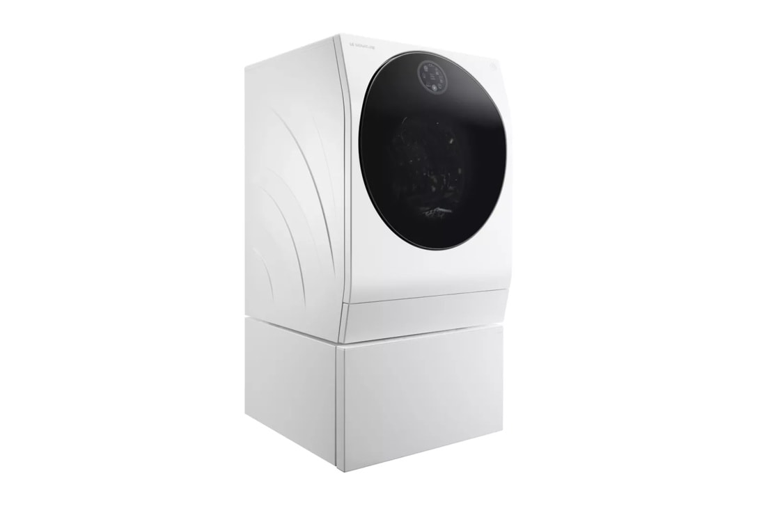White LG Signature all-in-one washer-dryer combo unit, front-loading, with a black circular door and subtle side curves on a pedestal.