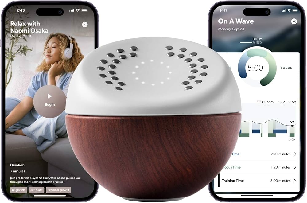 Core Meditation Trainer device with a white top and wooden base, displayed between two smartphones showing meditation apps.