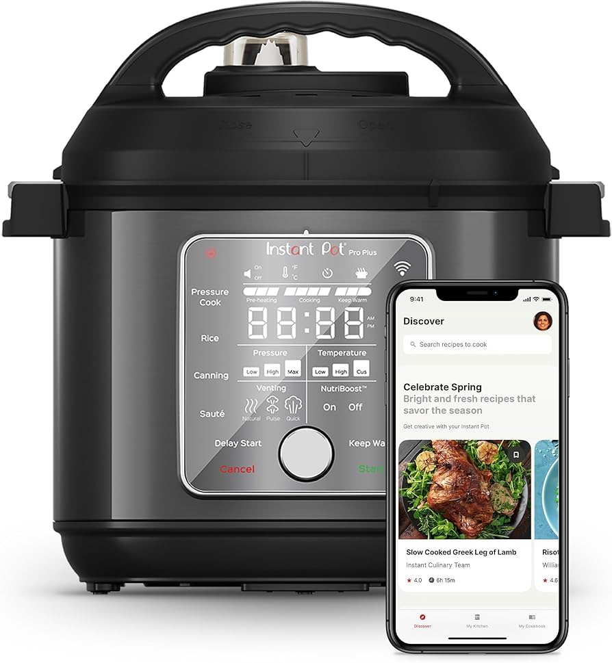 Instant Pot Pro Plus Wi-Fi smart pressure cooker and its mobile app displaying recipes like Slow Cooked Greek Leg of Lamb.