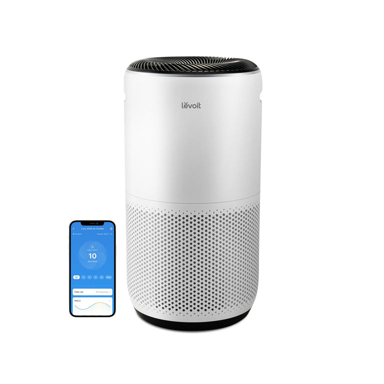 Levoit Core 400S smart air purifier and smartphone with VeSync app showing real-time air quality & filter life.