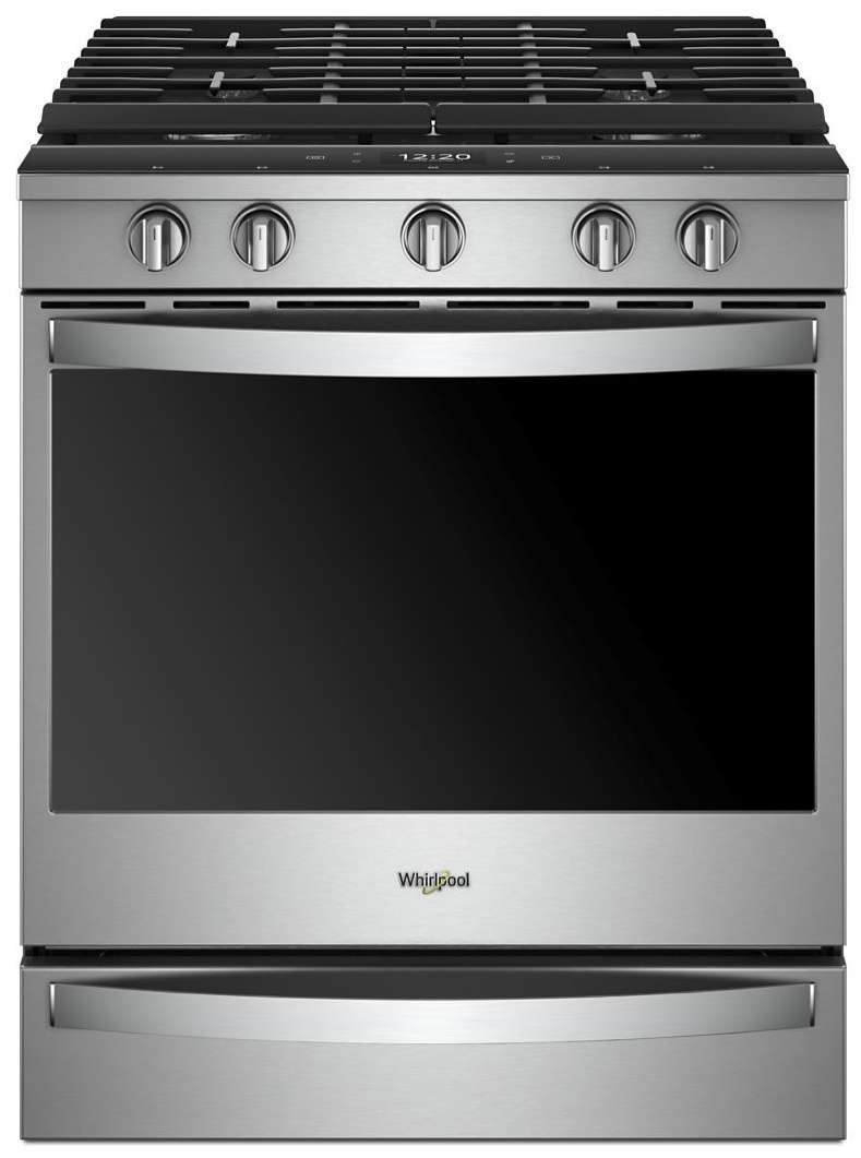 Front view of a Whirlpool stainless steel smart slide-in gas range with five top burners, front knobs, and an oven.