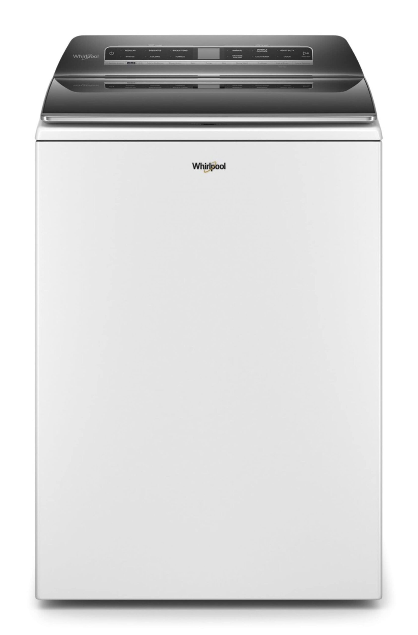 Front view of a white Whirlpool smart top load washer with a dark grey digital control panel and reflective lid.