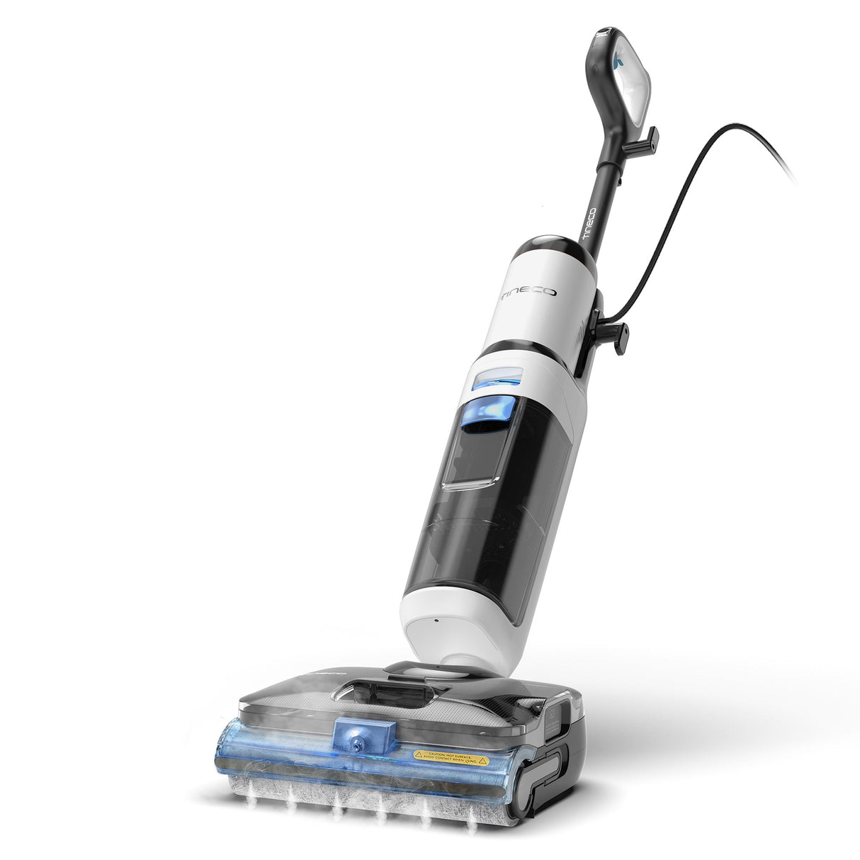 Tineco Floor One S6 blue smart wet/dry vacuum actively cleaning hard floors with visible water.