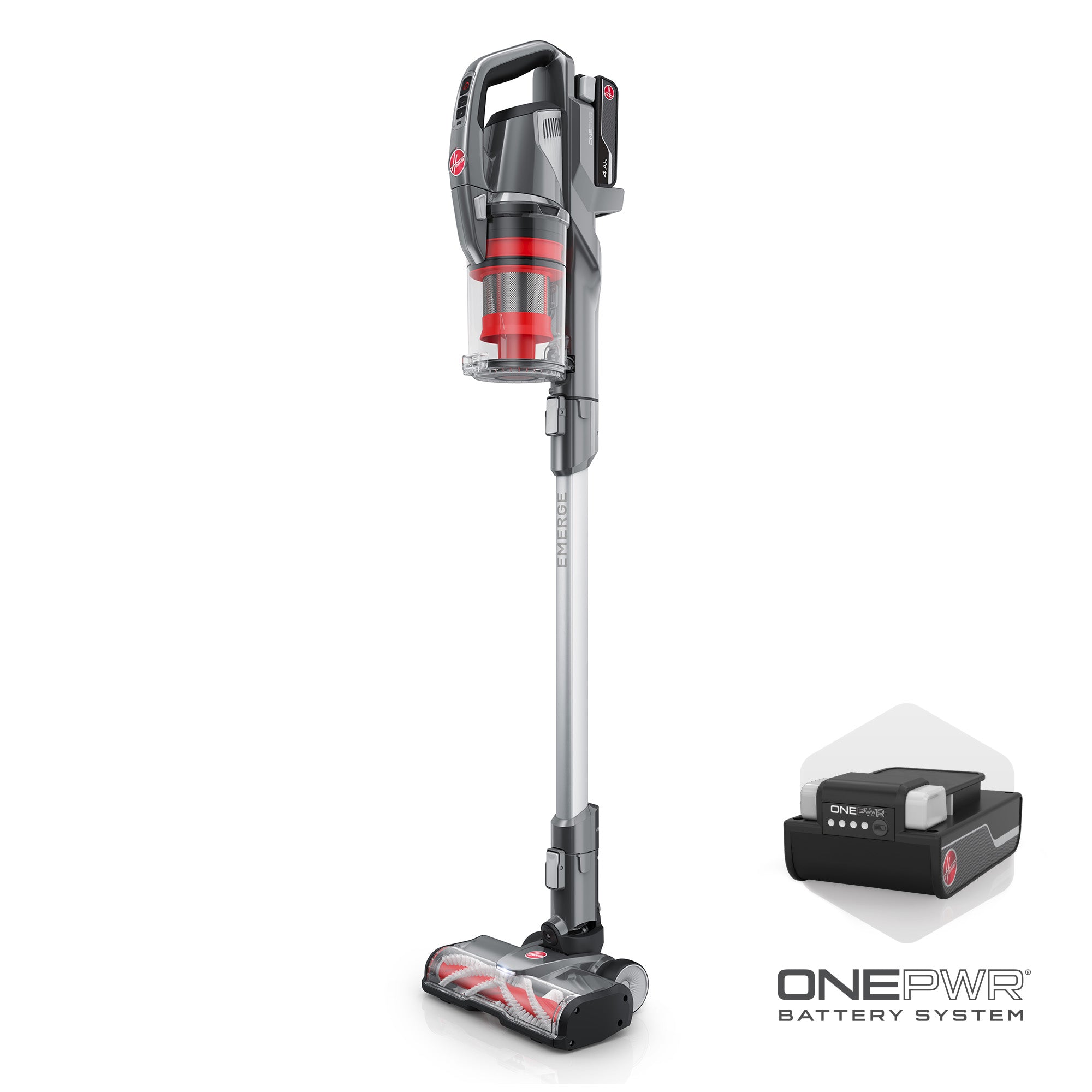 Hoover ONEPWR Emerge cordless stick vacuum, grey/red, with 4Ah ONEPWR battery & charger.