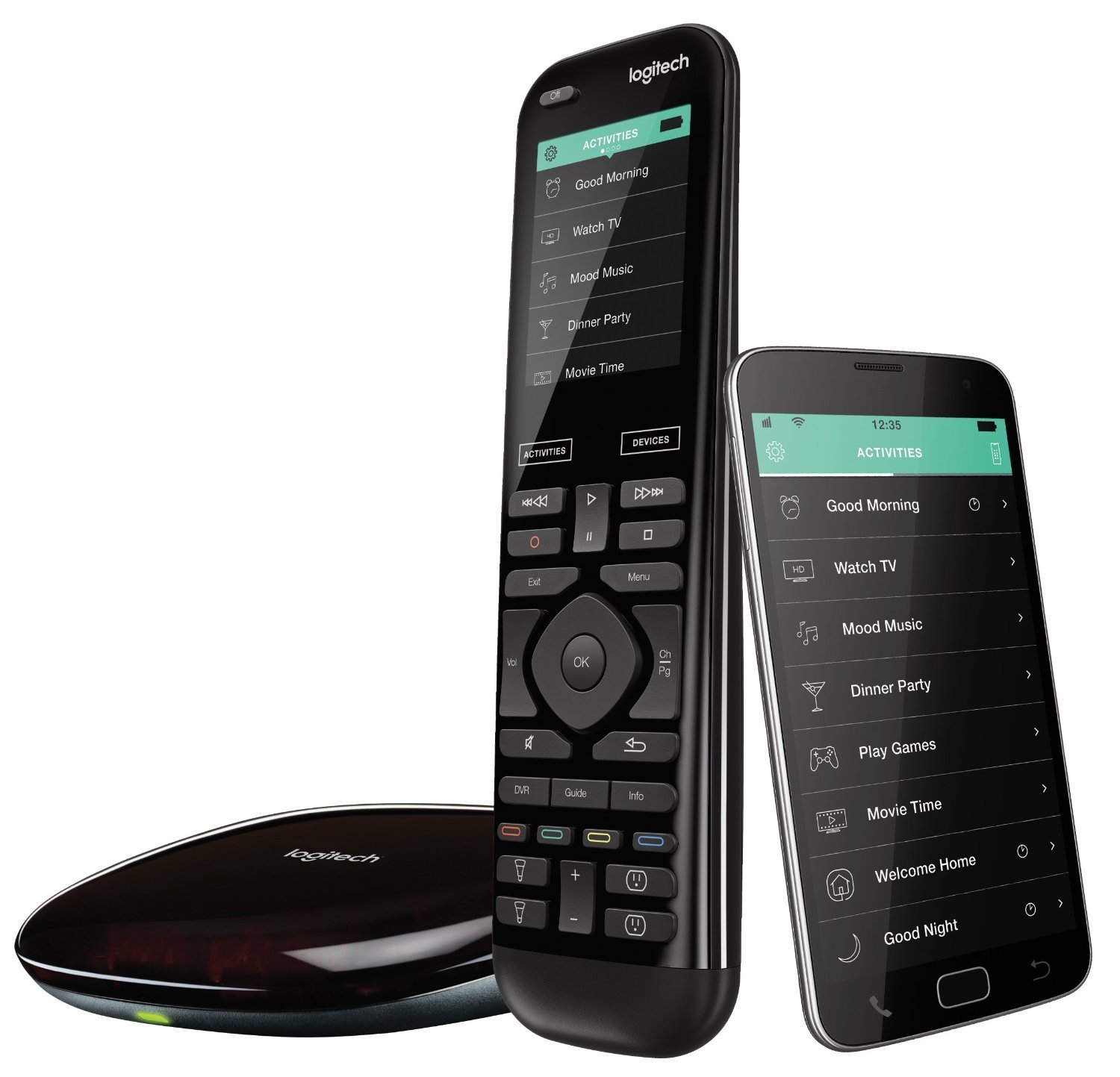 Logitech Harmony Elite universal remote, hub, and smartphone app for smart home control.