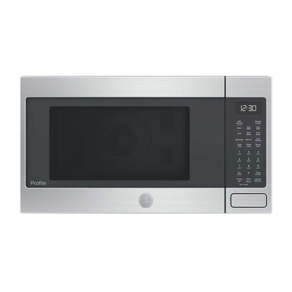 GE Profile smart stainless steel countertop microwave with digital clock 12:30 and touch control panel.