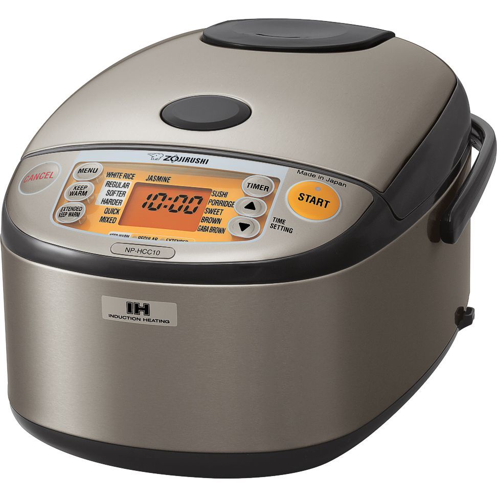 Front view of Zojirushi NP-HCC10 Induction Heating Rice Cooker, highlighting its detailed control panel and display.