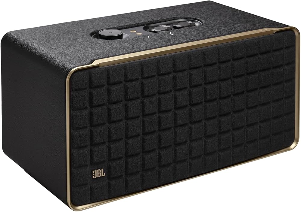 Black JBL Authentics 500 Wi-Fi smart speaker with textured grille, gold accents, and top control panel.