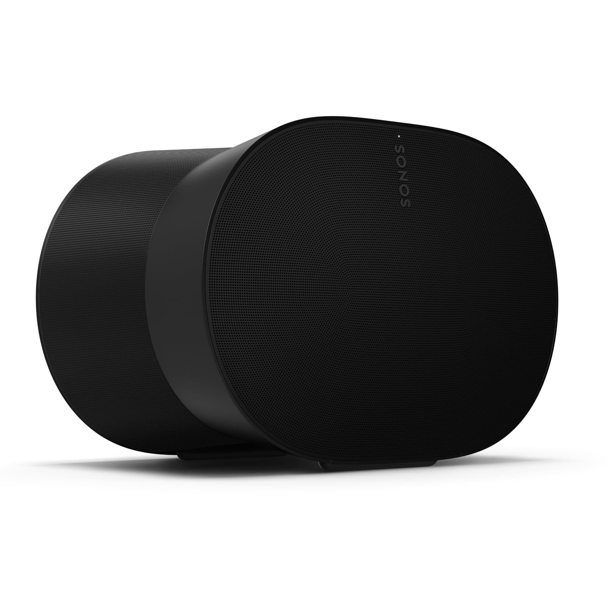 A black Sonos Era 300 wireless smart speaker, showcasing its unique design on a white background.