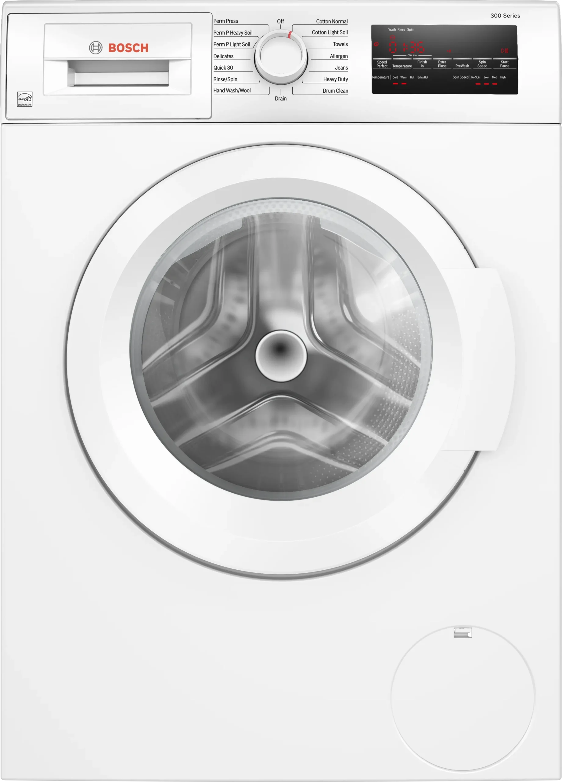 White Bosch 300 Series compact front-load washing machine with digital display and control dial.