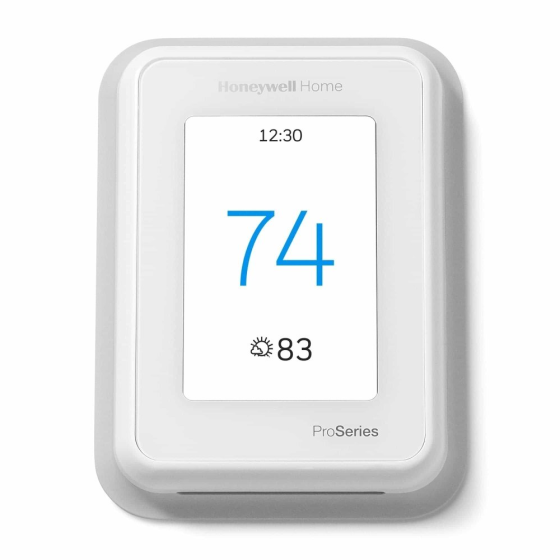 White Honeywell Home T10 Pro Smart Thermostat displaying 74 degrees set temperature and 83 degrees outdoor temperature.