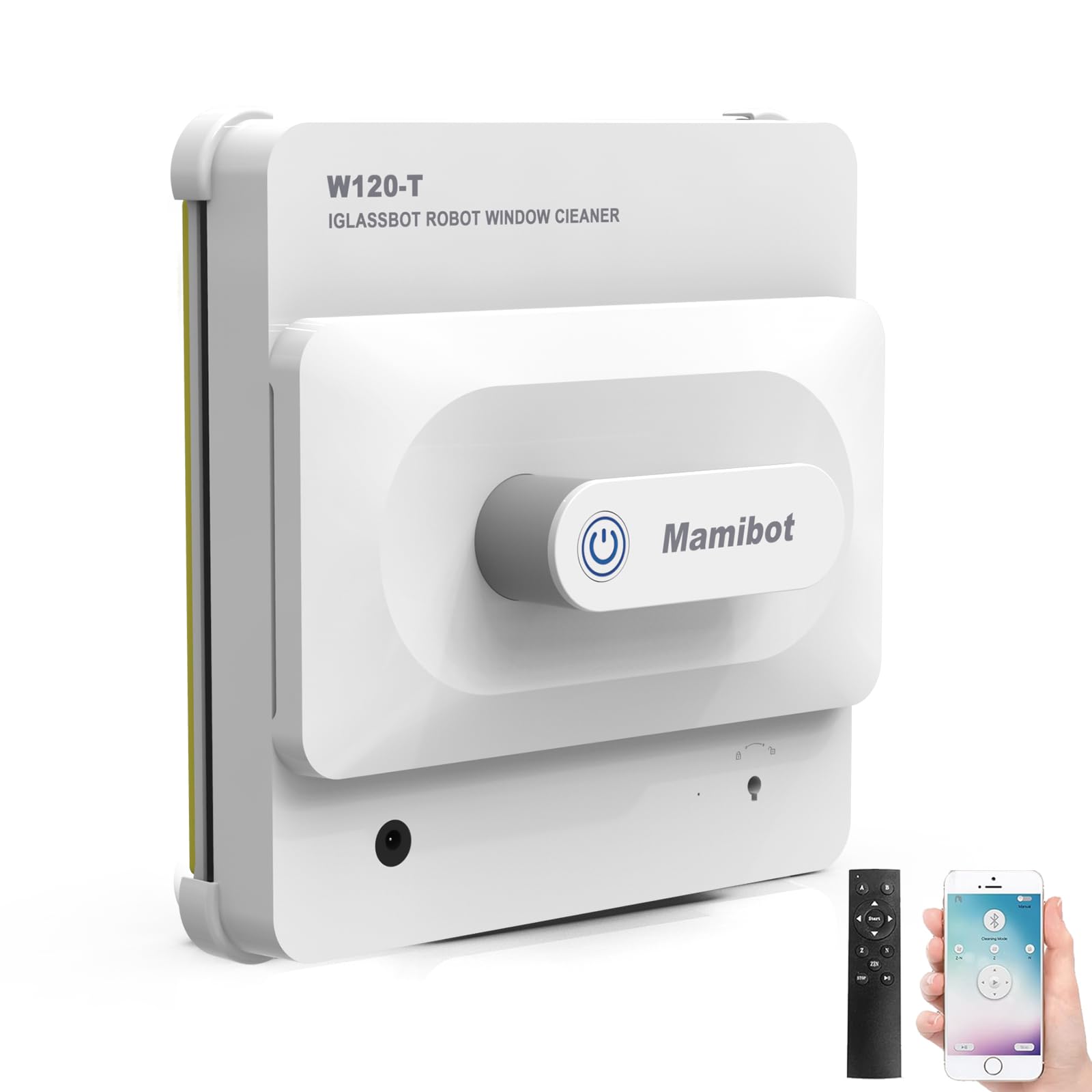 Mamibot W120-T iGLASSBOT robot window cleaner, remote control, and smartphone app interface on a white background.